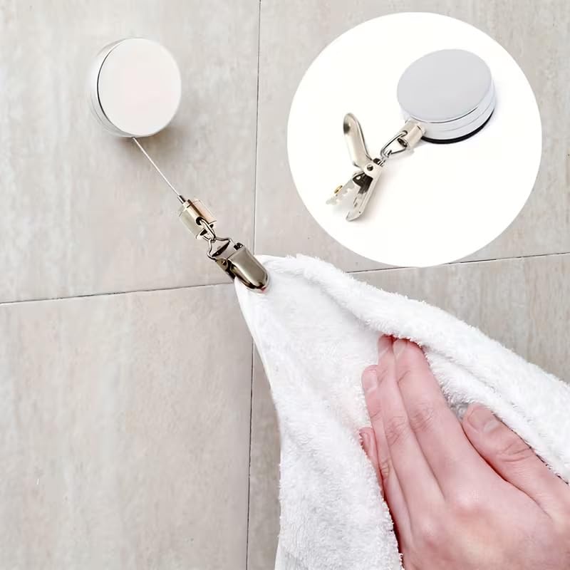 Stainless Steel Retractable Towel Holder Clip with Self Adhesive Base - No Drill Wall Mounted Dish Towel Hanger, Auto Retracting Rag Plug Hook for Kitchen and Bathroom Use-image-32