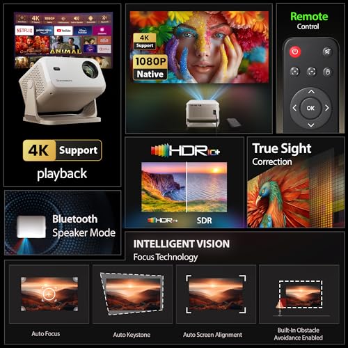 Image of Crossbeats Lumex Cine Smart Home Projector 4k Ultra HD, Native 1080p, Mini Projector for Room,16000 Lumens Android OS, Built-in - Netflix, Prime, YouTube, Portable, Speaker, WiFi, 300 inch Display Cinema