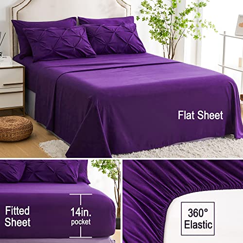 Ubauba 7pc King Size Comforter Set with Sheets, All Season Pintuck 7 Piece Bedding Sets Purple, Pinch Pleating Bed in a Bag Set with Comforters (Purple,King)