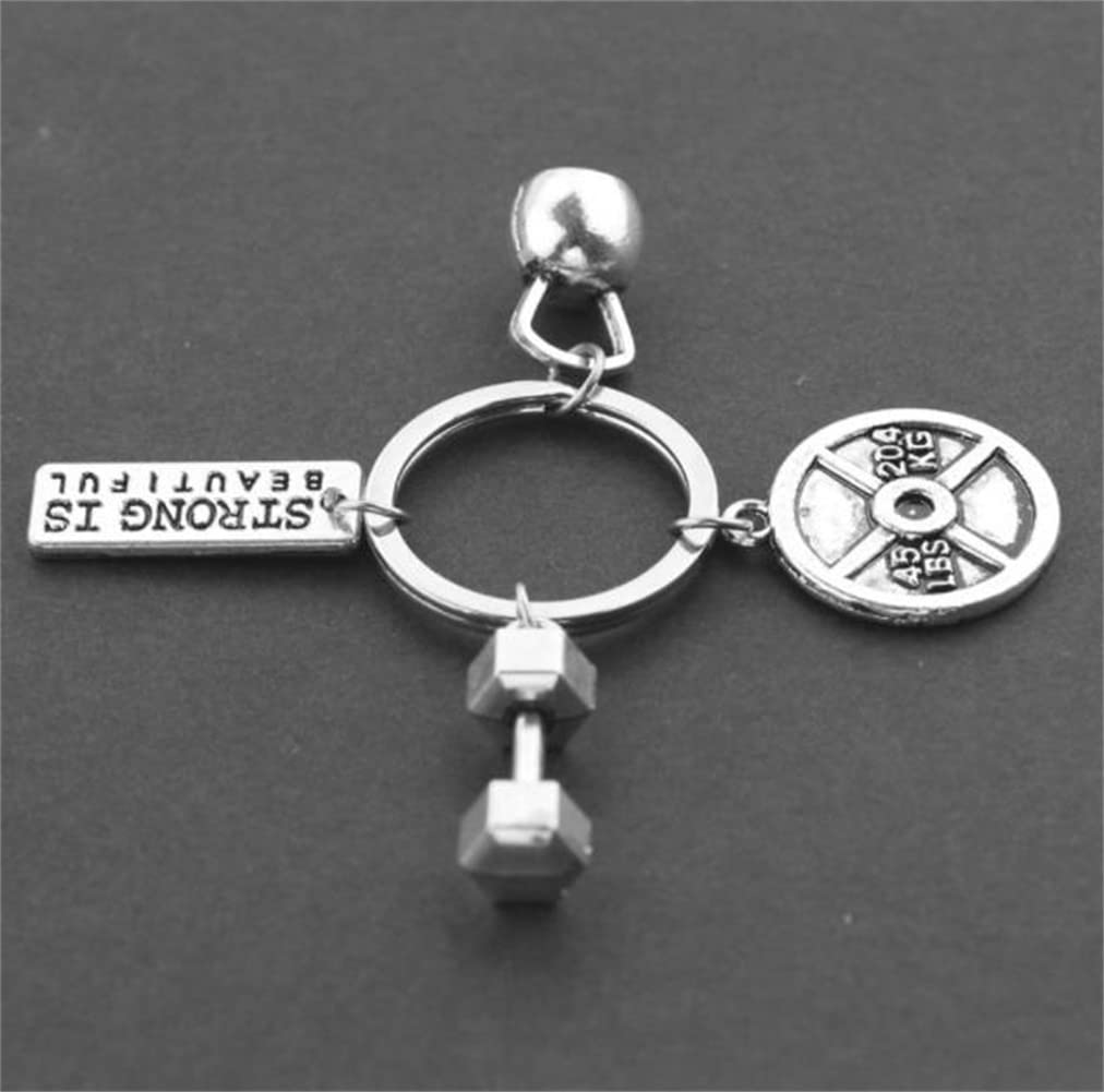 Sport Barbell Dumbbell Fitness Gewichtheben Gym Schlüsselanhänger Charm Strong Is Bealtiful Fitness Schlüsselanhänger Charm Geschenk Coach Edelstahl Fitness Schlüsselanhänger, silber, M