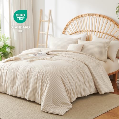 Erwinmu Gingham Comforter Set Twin Size Beige Bedding Set and 1 Pillowcase by Erwinmu - Used condition - Image 3
