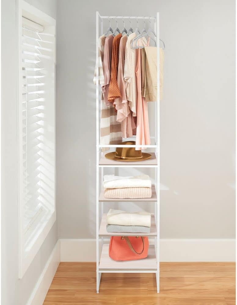 mDesign Modular Closet Organizer System Storage Unit, Sturdy Steel Frame, Metal Shelves/Garment Rack for Bedroom, Hallway, Entryway, Textured Print, 3 Drawers, Garment Rack, Set of 2 - Linen/Natural