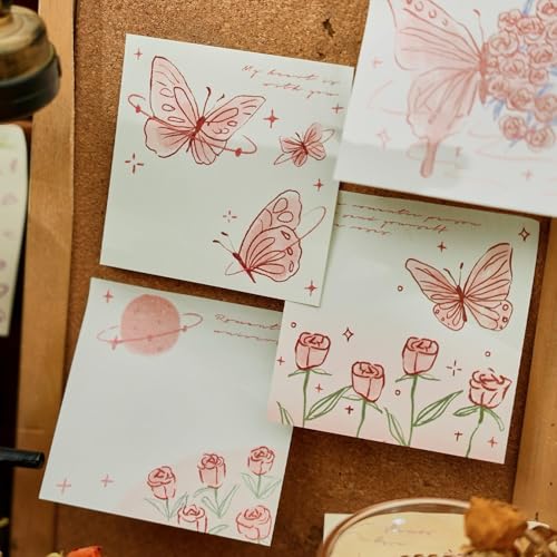 Image of Sticky Notes Set, Multicolour, Over 200 Rectangular Self-Stick Memo Pads with Delicate Heart, Rose & Butterfly Designs for Journaling, Office, Creative Projects (Pack-1)(Multi Color)