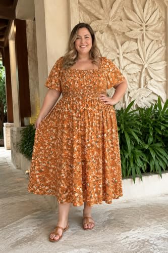 Image of RITERA Plus Size Dresses for Curvy Women Square Neck Short Sleeve Summer Floral Smocked Maxi Dress with Pocket XL-5XL
