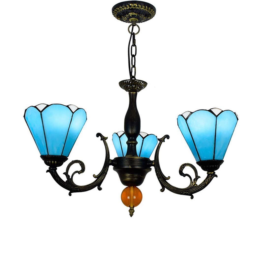 YNIYUJKL Retro Chandelier Vintage Tiffany-Style Stained Glass Lampshades 3 Arms Inverted Ceiling Pendant Lamp