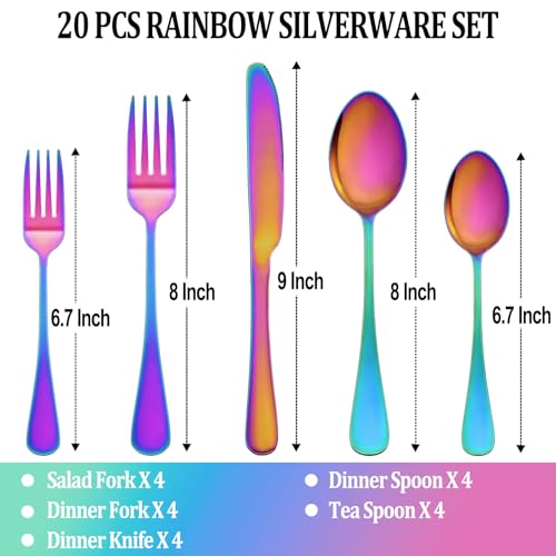 Image of 20 Pcs Rainbow Silverware Set Service for 4,Stainless Steel Flatware Serving Sets,Kitchen Tableware Set,Utensil Set for Home and Restaurant,Knives Forks Spoons Set,Mirror Polished,Dishwasher Safe