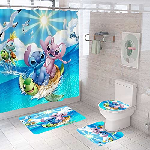 APPO Cute Stitch Shower Curtain,4pcs Extra Long Shower Curtain Set with Non-Slip Rugs,Waterproof Fabric Bath Curtain Shower Curtains with 12 Hooks for Bathroom Decor,72"x72" (Color 3)
