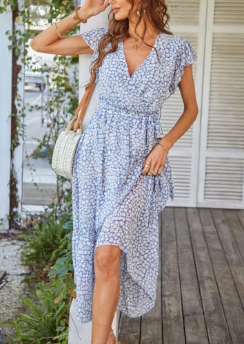 Image of PRETTYGARDEN 2023 Women's Floral Summer Dress V Neck Short Sleeve Ruffle Hem A-Line Boho Maxi Dresses