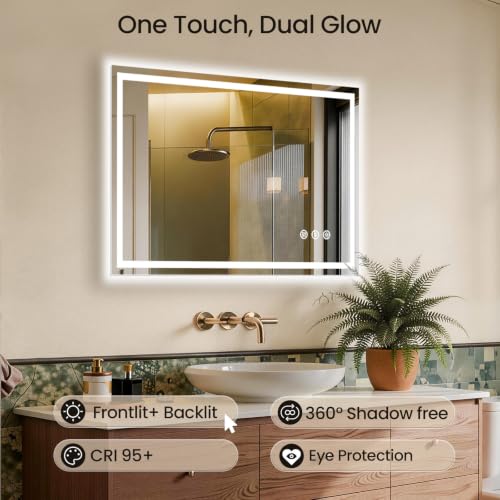 Image of 40x36 LED Bathroom Mirror with Anti-Fog, Backlit & Front Lit, Memory | Stepless Dimmable 3 Color CRI 95+ Shatterproof Tempered Glass ETL Listed for Safety Lighted Bathroom Vanity Mirror for Wall