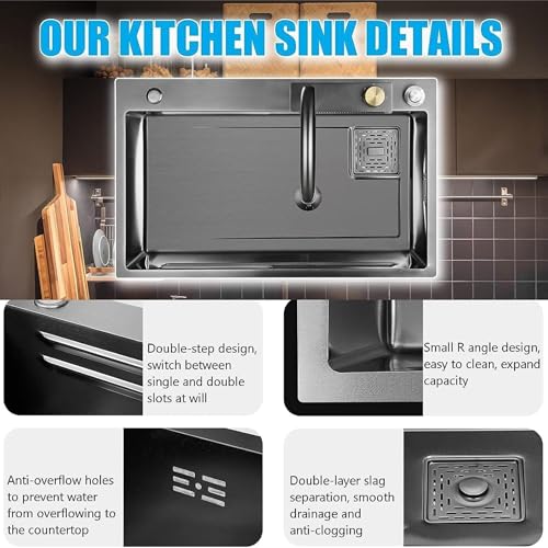 Image of Fossa 30 inchx18 inchx09 inch 5-Year Warranty Single Bowl Waterfall Kitchen Sink Honeycomb Embossed Sink with Nano Coating, Stainless Steel, Rectangular Workstation, Faucet with Included All Accessories. (Grey)
