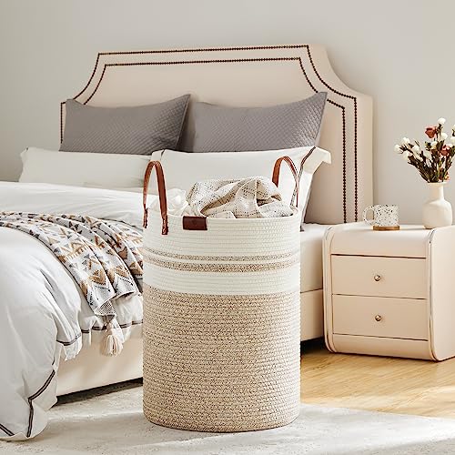 Image of VIPOSCO 100L Tall Woven Rope Laundry Hamper, Leather Handles, Brown & White | Large Wicker Laundry Basket for Dirty Clothes, Blanket, Toy, Towel, Yoga Mat, Storage Bin in Bedroom, Bathroom, Living Room