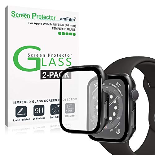 amFilm (2 Pack) Case with Built-in Tempered Glass Screen Protector Compatible with Apple Watch Series 6/SE/5/4 (40mm)