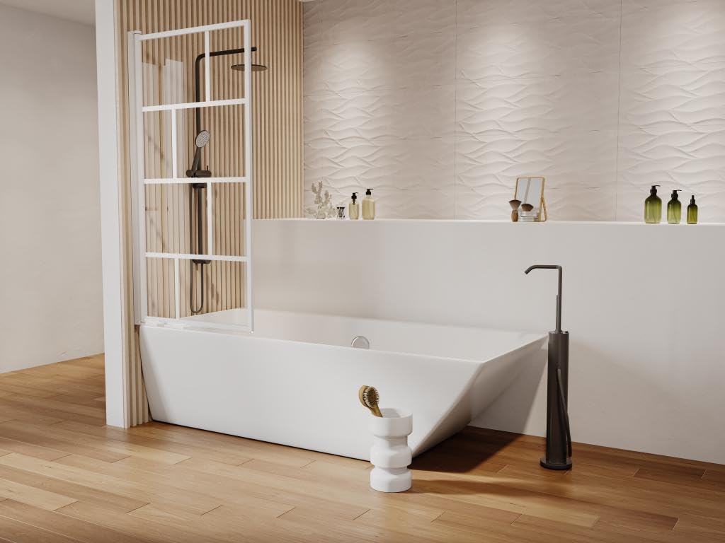 Vente-unique - Mampara de baÒera pivotante estilo industrial - 70 x 140 cm - Blanco mate - Vidrio - RIVANON