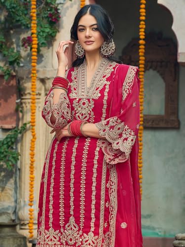 Image of INDO ERA Women's Organza Embroidered Straight Kurta and Pant with Dupatta Set (IEOUT10610)