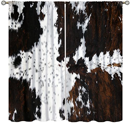 Image of YCness Cow Print Curtains, Animal Fur Skin Curtains Brown Cowhide Western Farm Window Treatments for Kids, Wild 3D Rustic Hunter Theme 2 Panel Sets, 54x42 Inch