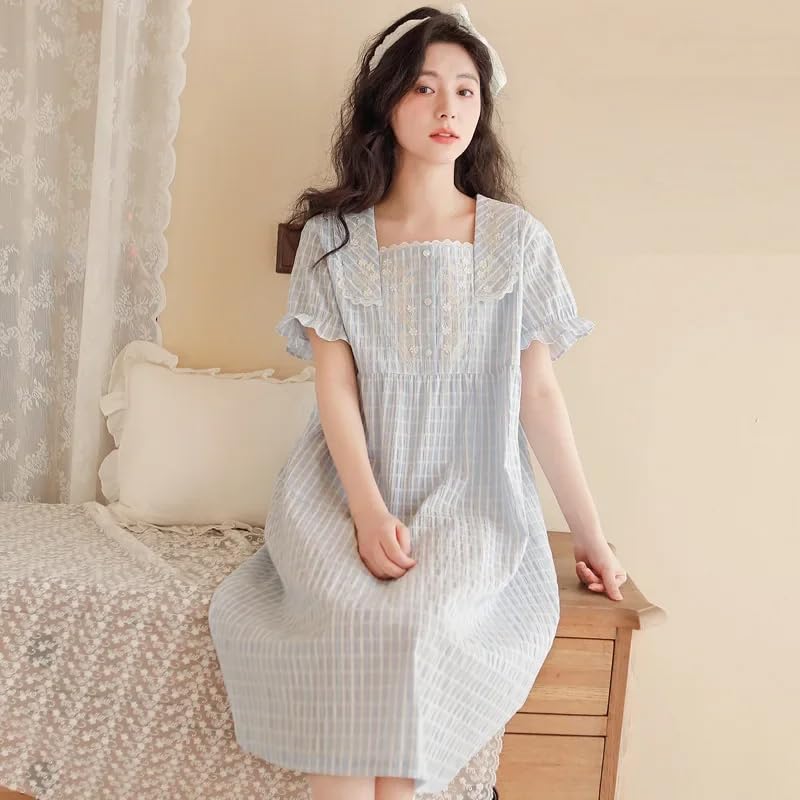 OFFSUM Camisón De Pijama De Mujer - Ropa De Dormir A Cuadros De Algodón Dulce De Verano Bata De Baño De Lencería con Temperamento De Talla Grande con Bordado De Encaje Y Cuello Cuadrado A La Moda