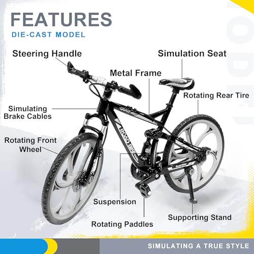 Image of VGRASSP 1:8 Scale Die Cast Street Bicycle Toy for Kids - The Alloy Metal Off-Road Decorative Showpiece Realistic Design Bike Features Moveable and Rotating Handle, Suspension, Wheels, Pedals (Black)