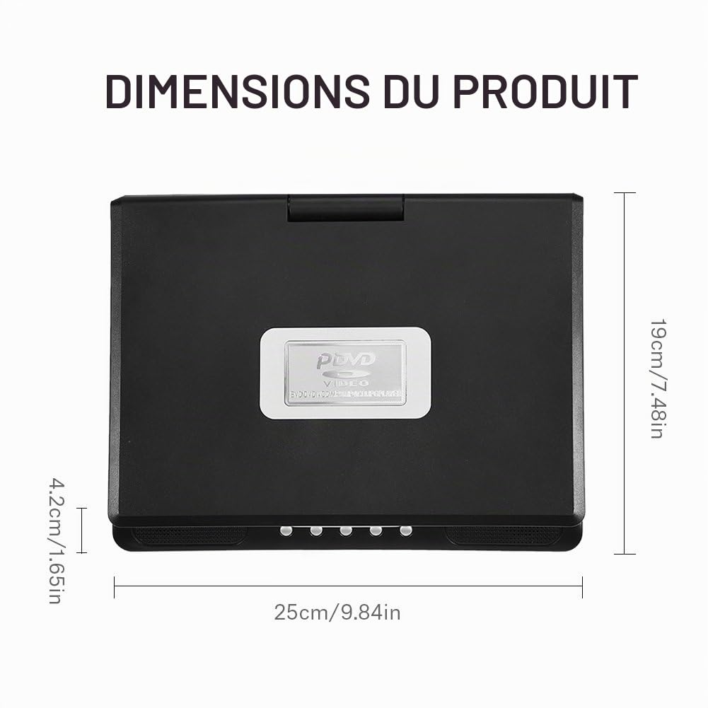Garsent Lecteur DVD Portable, 9 Pouces LCD Lecteur Vidéo avec 270° Écran Rotatif, Radio FM, Batterie Rechargeable Support Carte SD, Format USB AV CD VCD.(EU)