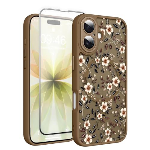 Fsoole Magnetic for iPhone 17 Case with Screen Protector [Compatible with MagSafe] Pretty Floral Flower Pattern Design, Shockproof Slim Cover for Women Girls, Brown