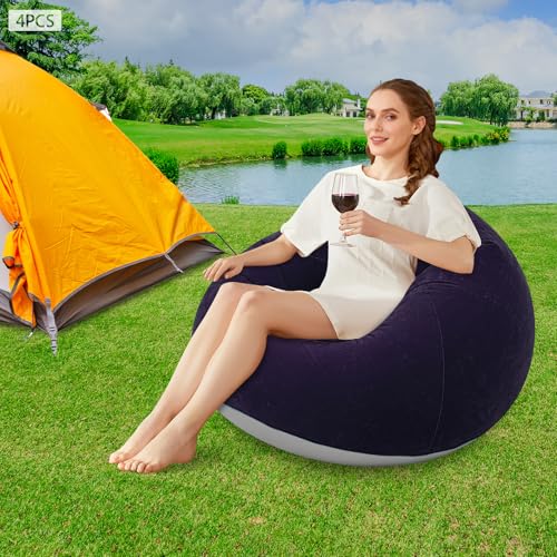 Image of 4 Pcs Inflatable Bean Bag Chairs with Foot Air Pump Outdoor Blow up Couch Folding Portable Inflatable Couch for Camping Movie Night, Lazy Sofa Chair (Blue X 4)