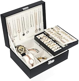 Mactoou Jewellery Box, Jewellery Box Organiser for Women Double-Layer PU Leather Jewelry Storage Case for Rings Earrings Bracelets Necklaces Watches - Black