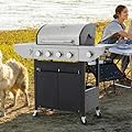 46,500 BTU 4-Burner Propane Gas Grill with Side Burner | Stainless Steel Outdoor BBQ Grill | Porcelain-Coated Grates, Lid Thermometer & Foldable Shelves | Black & Silver Patio Grill