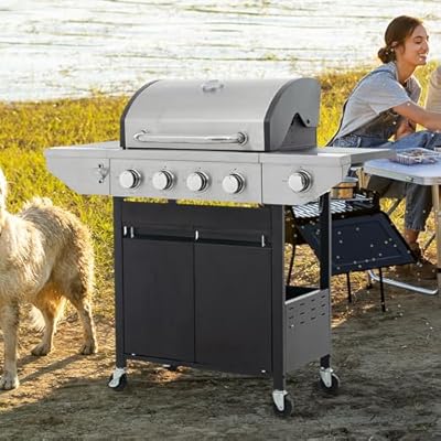 46,500 BTU 4-Burner Propane Gas Grill with Side Burner | Stainless Steel Outdoor BBQ Grill | Porcelain-Coated Grates, Lid Thermometer & Foldable Shelves | Black & Silver Patio Grill