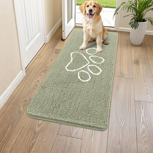 Image of Smiry Dog Door Mat for Muddy Paws, Absorbent Dirt Trapper Non Slip Quick Dry Washable Chenille Mat for Mud Dogs, Entry Rug for Indoor and Outdoor (47x24 Inches, Sage Green and White)