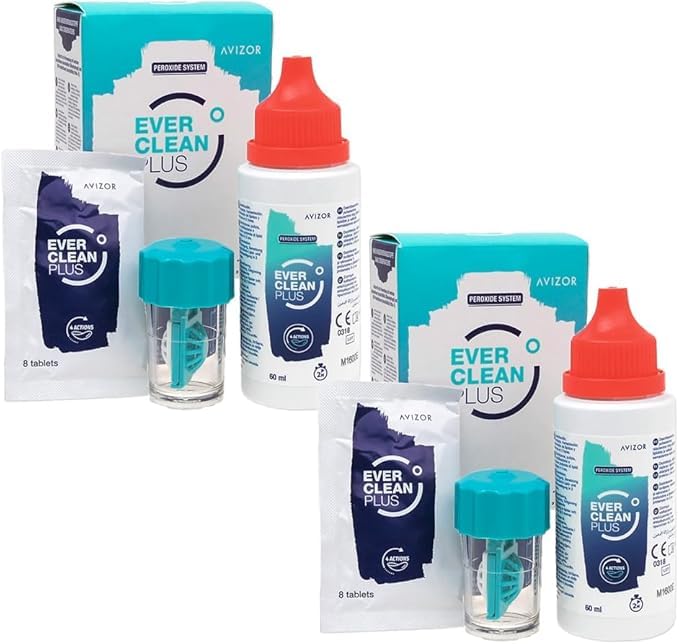 EVER Clean PLUS - Kit para Viajes - Líquido para Limpieza y Desinfección de Lentes de Contacto - Eliminación Profunda de Depósitos de Lípidos - 2x60ml + 16 Tabletas
