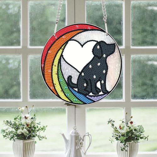 Image of DIY Diamond Painting Sun Catcher Hanging Sign Dog, Pet Memorial Diamond Art Window Ornament Kit for Adults, Colorful Gem Art Craft Kit for Home Wall or Door Decoration