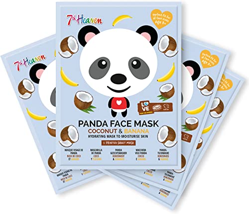7th Heaven Panda Face Sheet Masks, Pack of 4 with Coconut & Banana to Hydrate & Moisturise Skin
