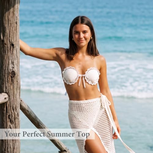 Image of White Shell Bra with Cord and Starfish Hair Clip, 4.5 inch x 5 inch DIY Natural Shell Bikini Top, Halloween Costumes for Mermaid