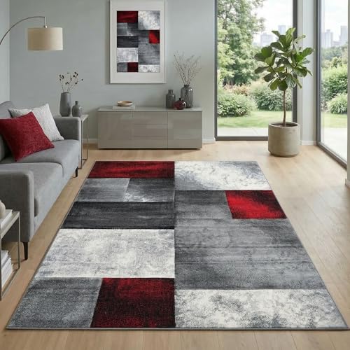 Carpetsale24 Tapis 160 x 230 cm, poils courts, contours découpés, rouge, gris, blanc, carreaux, lavable, entretien facile, extra doux, salon, salle à...