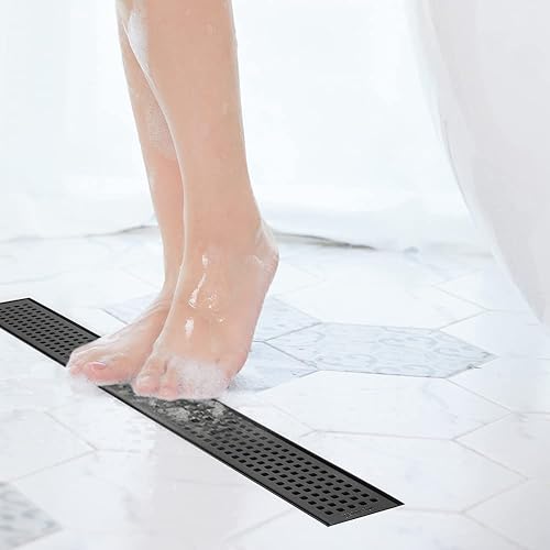 Miniatura 2 de Neodrain Drenaje de ducha lineal negro de 18 pulgadas con rejilla extraíble de patrón cuadrado, fabricante profesional de drenaje de piso de ducha