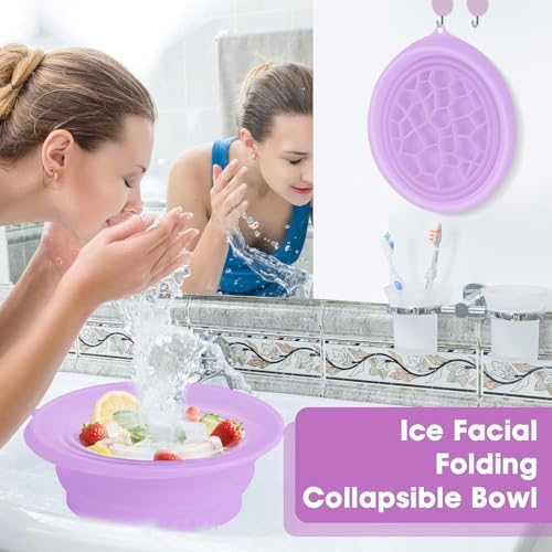 Image of (1 pic Hook) with Silicone Face Bowl for Ice with Built-in Icetray, Collapsible Face Tub for Ice Bath, Facial Ice Plunge Bowl, Ice Water Facials at Home (Purple)