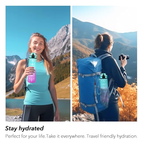 Image of HDPE 32oz Water Bottle with Straw, Time Marker & Fruit Strainer, Transparent Gradient Color Water Bottle with Times to Drink, Leakproof & BPA Free, Reusable Bottle with Strap, 907 ml