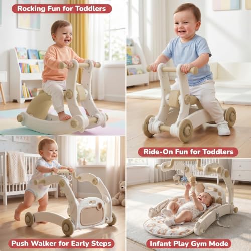 Image of Baybee 8 in 1 Rocker for Babies with Music Toy Bar, Soft Fabric, Food Tray, Tool Free Installation | Multi-Function Push Walker, Ride-On, Play Gym & Rocking Chair | Baby Bouncers & Rockers for 0-3 Years (White & Beige)
