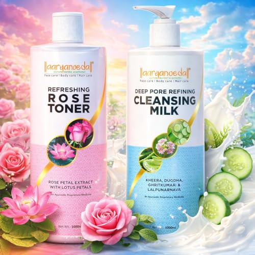 Image of Aaryanveda Cleansing Milk & Rose Toner Combo Improve Skin Tone Remove Dead Skin Cleanser & Rose Face Toner 1000ml Combo