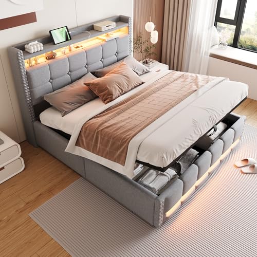 SUKY Cama tapizada (gris claro, 160 x 200 cm) con iluminación LED y enchufe USB, cabecero con estantes y espacio de almacenamiento, cama doble para adultos, con sistema hidráulico para almacenamiento