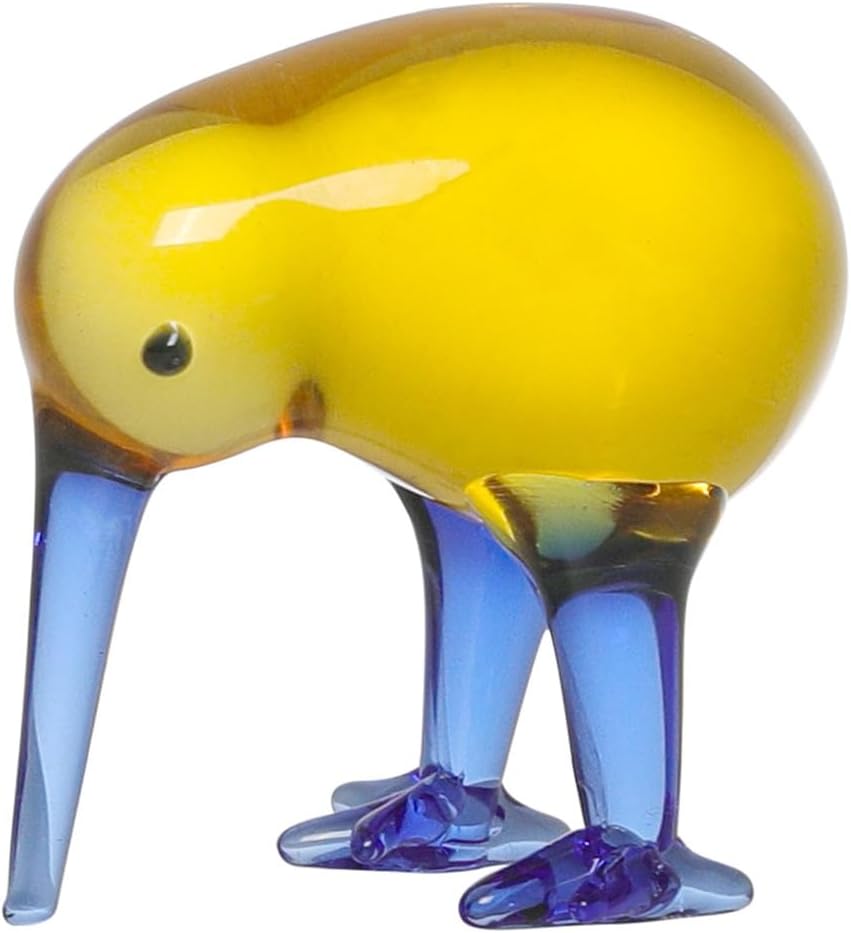 Hand-Blown Glass Kiwi Bird Figurine, Miniature Art Glass Animal Statue, Colorful Kiwi Bird Decor, Collectible Glass Ornament for Home, Office, 2 Styles (Yellow)