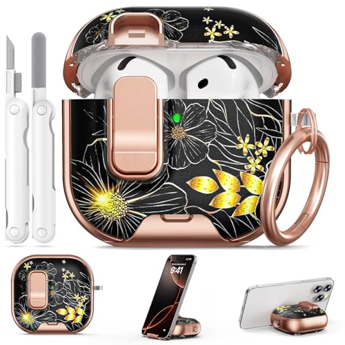 Image of for AirPods 4 Case 2024 with Safty Lock-Black Gold Leaves | As Phone Stand, for Women Girly, with Keychain & Cleaner Kit,Two-Piece Design,Support Wireless Charging,Clear TPU+PC Material