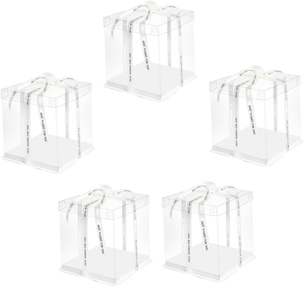 Cabilock 8-inch Cake Box Carrier with Lid, Elevated Birthday Cake Storage and Wrapping Case, 5pcs Set with Ribbon for Party, Wedding, and Bakery Packaging