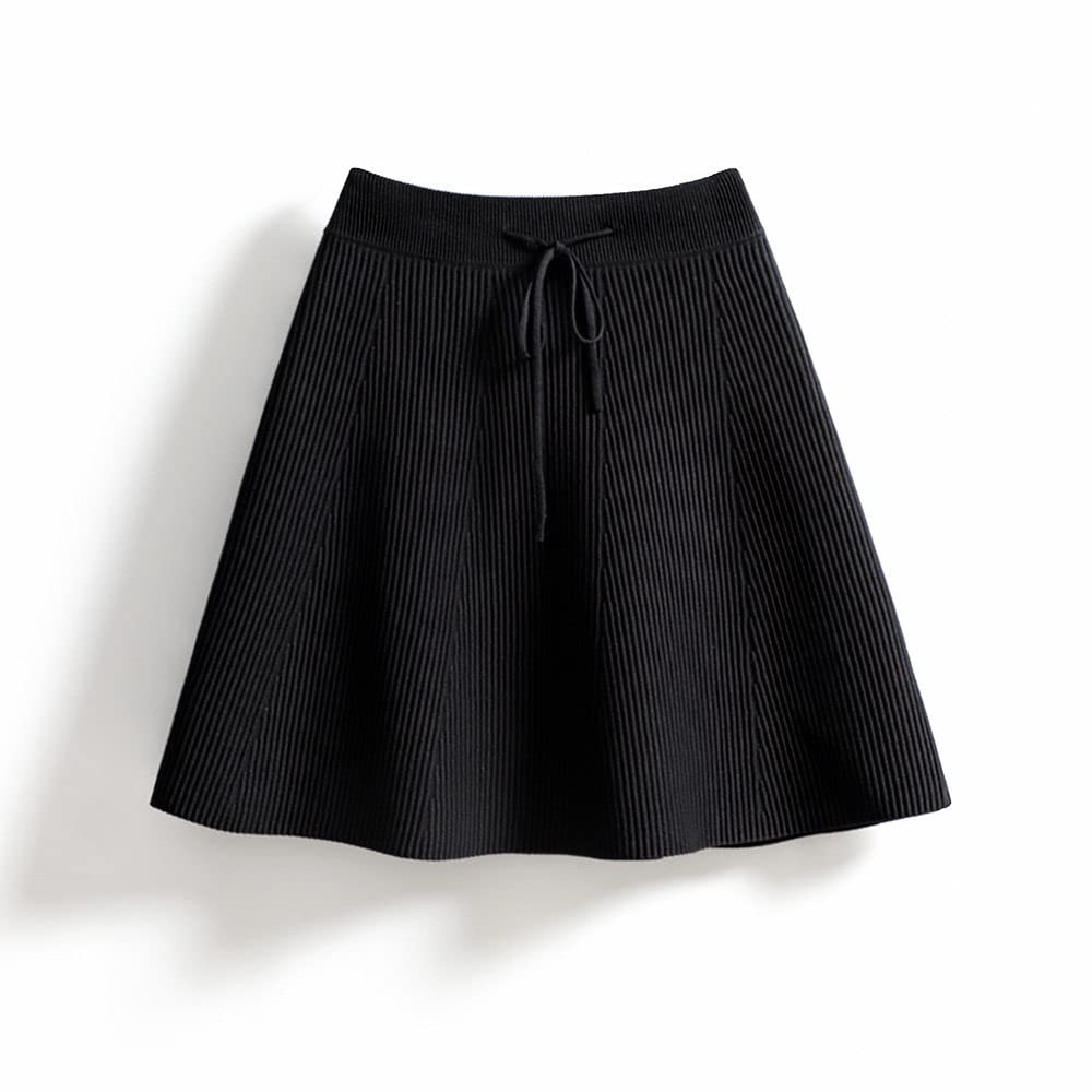 LUKX Rock Damen,Damen Minirock Schwarz Elastic High Waist Gestrickt Plisse Rock Hips-Wrapped A-Line Swing Ruched Simple Herbst Winter Kurzer Rock Für Mädchen Damen