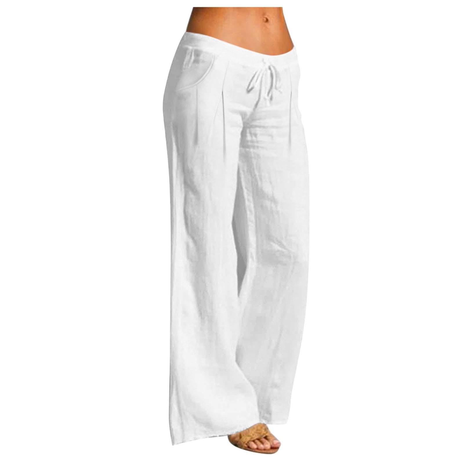 Linen Pants Women Summer Wide Leg Palazzo Casual Pant Beach Vacation Elastic Waist Plus Size Trousers with Pockets