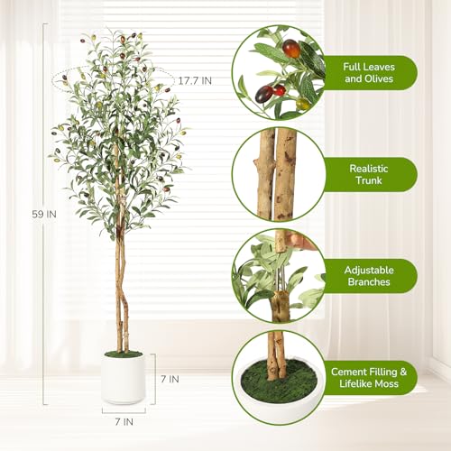 Artificial Olive Tree 5ft,Faux Plant with White Pot, Floor Fake Plants with Natural Wood Trunk and Fruits, Artificial Trees Indoor for Home Decor