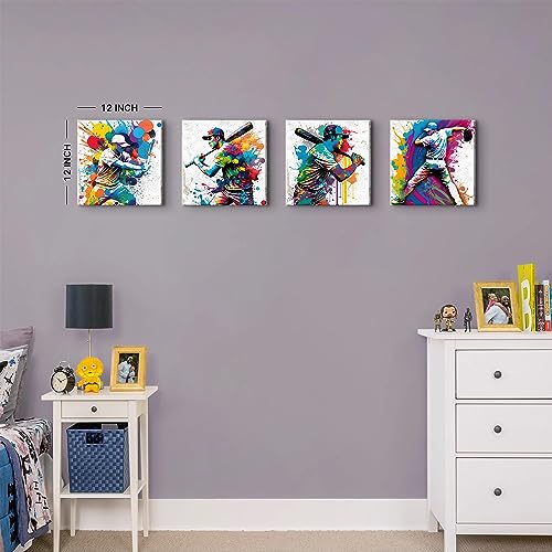 Sunfrower Sports Wall Art Baseball Posters Watercolor Softball Player Canvas Pictures For Bedroom Living Room Office Home Decorations Graffiti Baseball Decor For Boys Room Teens Men Dorm Artwork 12X12 Inch 4 Pieces thumb #3