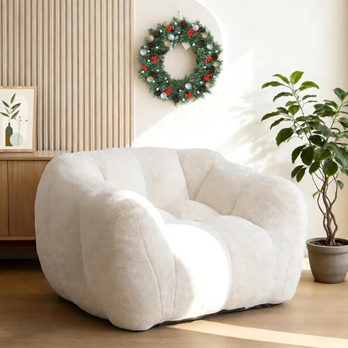 Bean Bag Chair for Adults,Cozy Comfy Reading Nook Chairs for Bedroom,Round Couch，Big Fluffy Cloud Chair,Ultra Soft Plush Floor Single Sofa, Beige