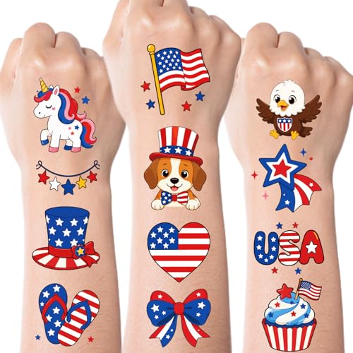 JCFIRE 4th of July Temporary Tattoos for Kids Adults Cute Independence Day Fake Tattoos Stickers Fourth of July Red White and Blue 4th of July Accessories for Women Girls Party Favors