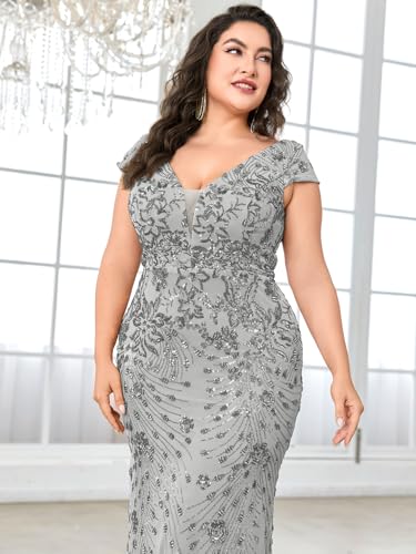 Image of Plus Size Womens Sequined Long Evening Gown Glamous Sleeveless V-Neck Mermaid Prom Dress for Wedding Party