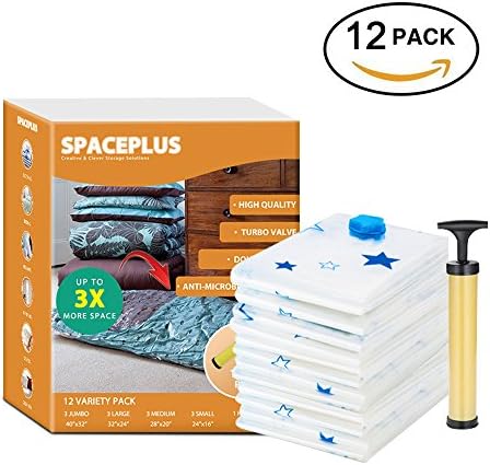 Space Saver Vacuum Seal Storage Bags 12 Packs with Hand Pump, Works with Any Vacuum Cleaner, Vacuum Compression Bags for Comforters Clothes Blankets (3 x Jumbo, 3 x Large, 3 x Medium, 3 x Small)